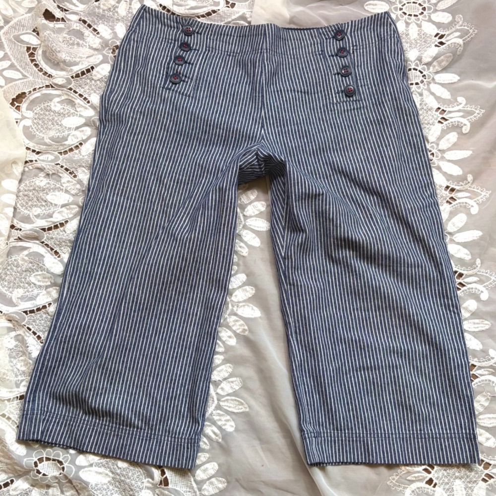 Y2K Capri Gouchos Navy White Striped Sailor Pants Crop Wide Leg Cotton Size 8